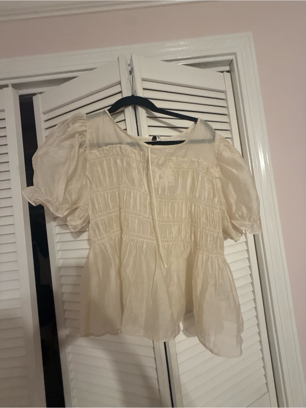 Divided Cream Smocked Puff-Sleeve Peplum Blouse